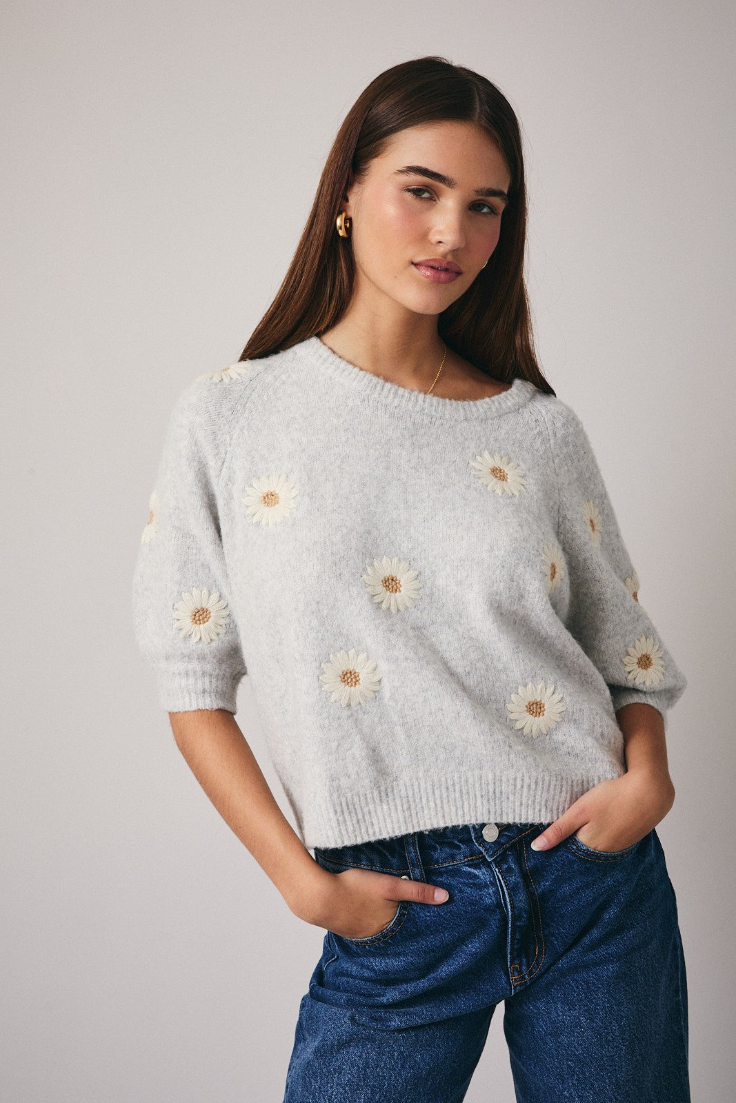 Bellis Daisy Knit Sweater - Heather Grey