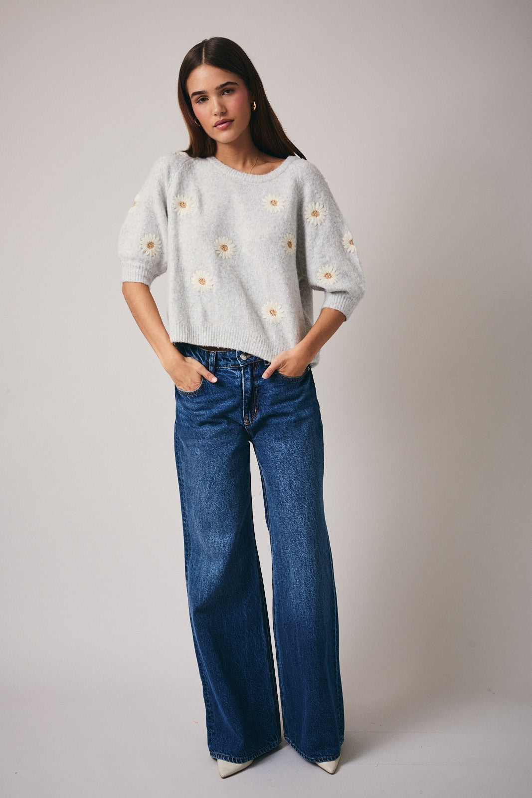 Bellis Daisy Knit Sweater - Heather Grey