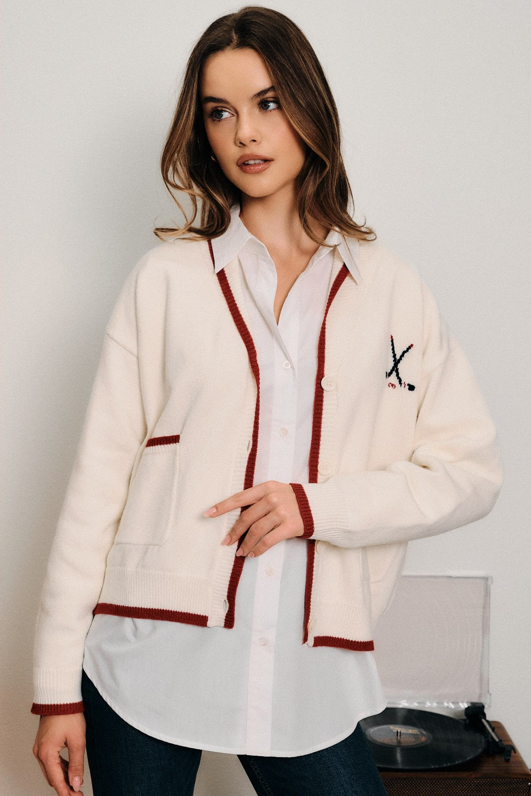 Benchside Hockey Season Cardigan - Cream Red