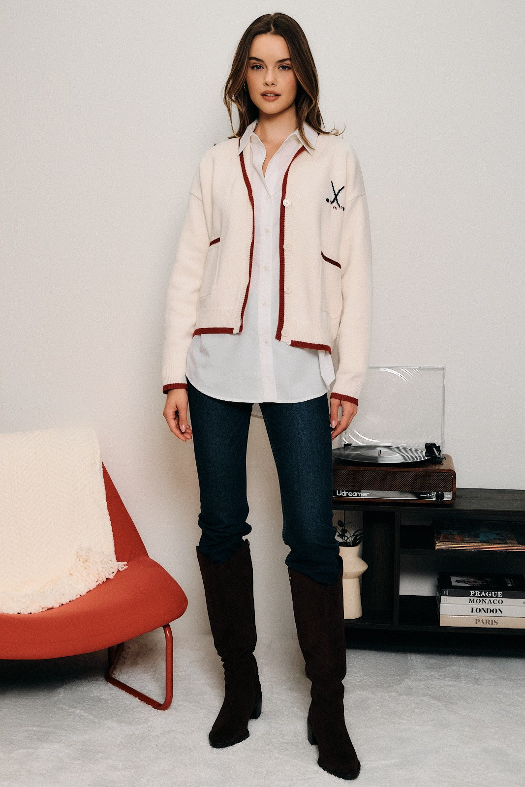 Benchside Hockey Season Cardigan - Cream Red