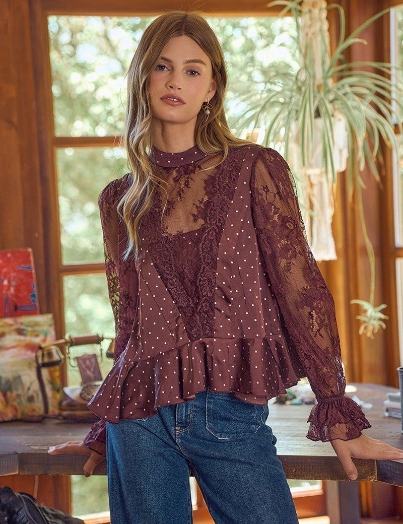 Bernadette Polka Dot Lace Sleeve Blouse - Westly