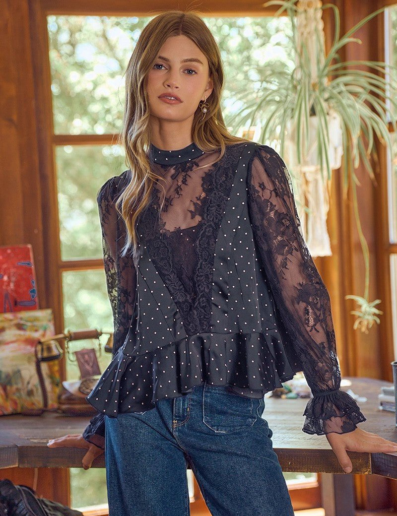 Bernadette Polka Dot Lace Sleeve Blouse - Westly