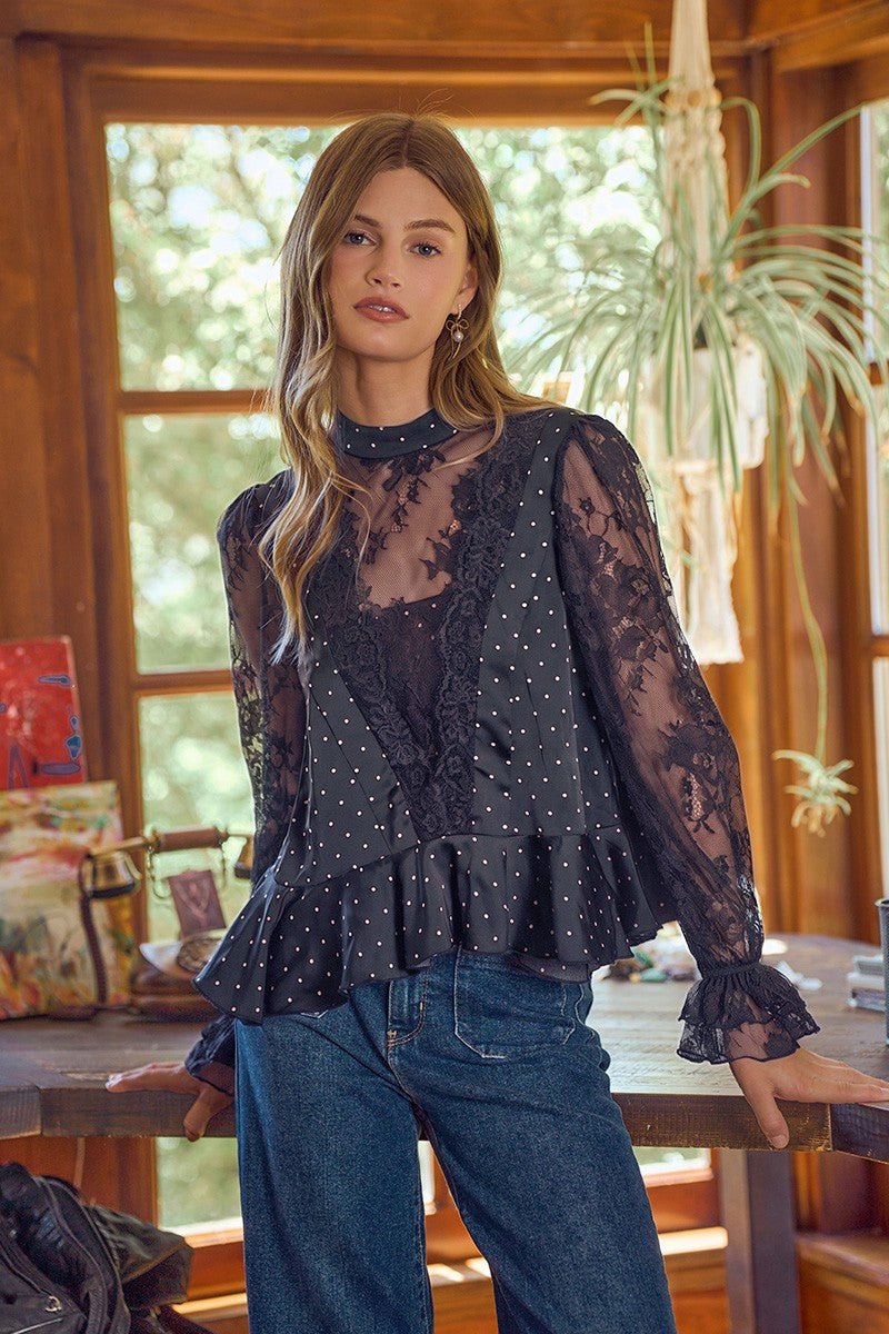Bernadette Polka Dot Lace Sleeve Blouse - Westly