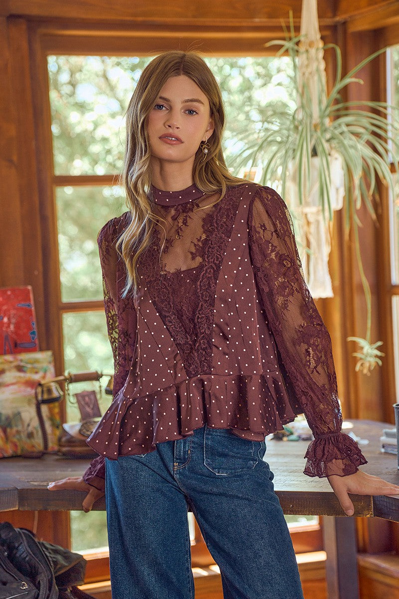 Bernadette Polka Dot Lace Sleeve Blouse - Wine Pink