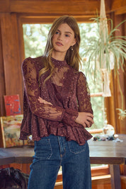Bernadette Polka Dot Lace Sleeve Blouse - Wine Pink