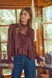 Bernadette Polka Dot Lace Sleeve Blouse - Wine Pink