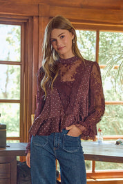 Bernadette Polka Dot Lace Sleeve Blouse - Wine Pink