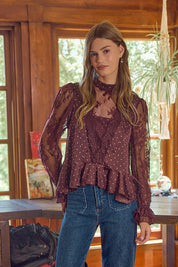 Bernadette Polka Dot Lace Sleeve Blouse - Wine Pink