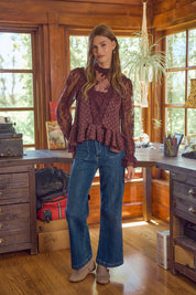 Bernadette Polka Dot Lace Sleeve Blouse - Wine Pink