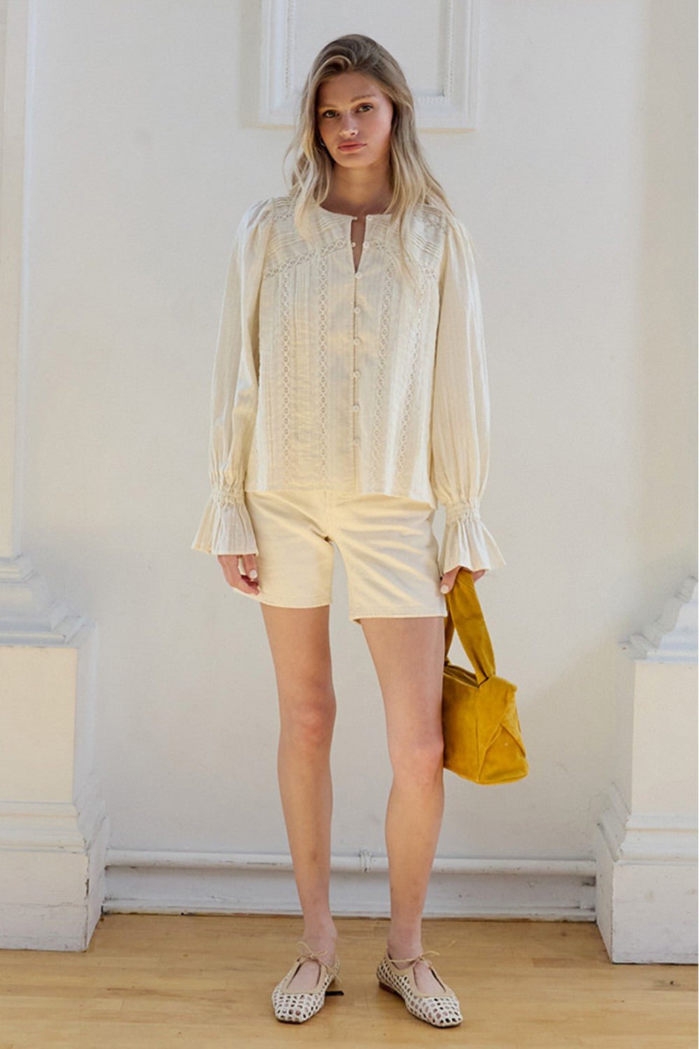 Beth Pintuck Lace Detail Button Blouse - Westly
