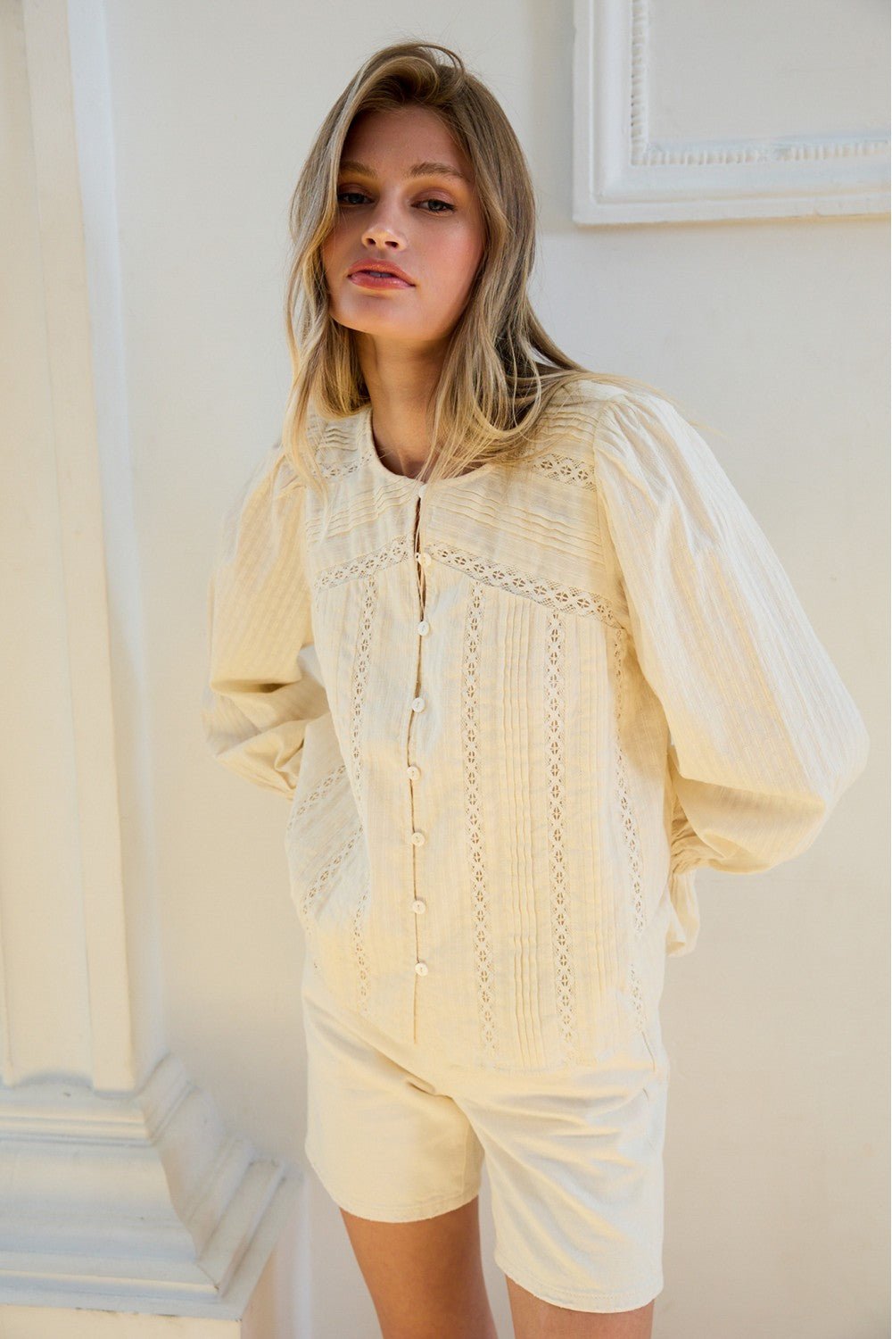Beth Pintuck Lace Detail Button Blouse - Westly