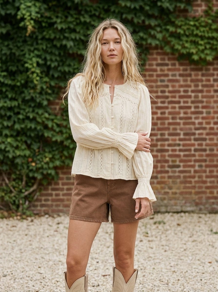 Beth Pintuck Lace Detail Button Blouse - Westly