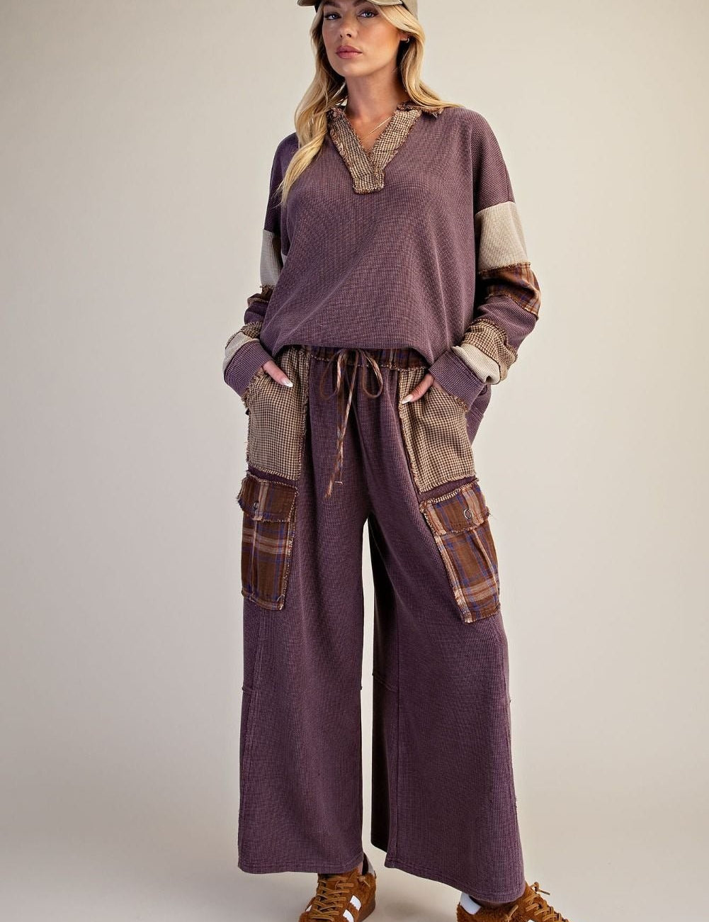 Better Together Plaid Mix Washed Thermal Knit Pants - Westly