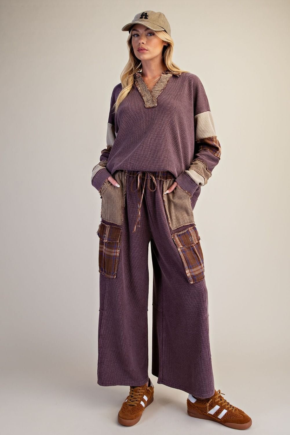 Better Together Plaid Mix Washed Thermal Knit Pants - Westly