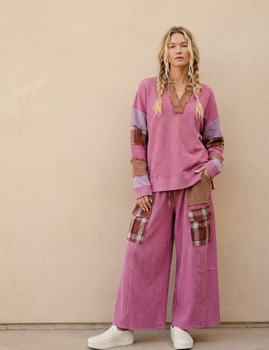 Better Together Plaid Mix Washed Thermal Knit Pants - Westly