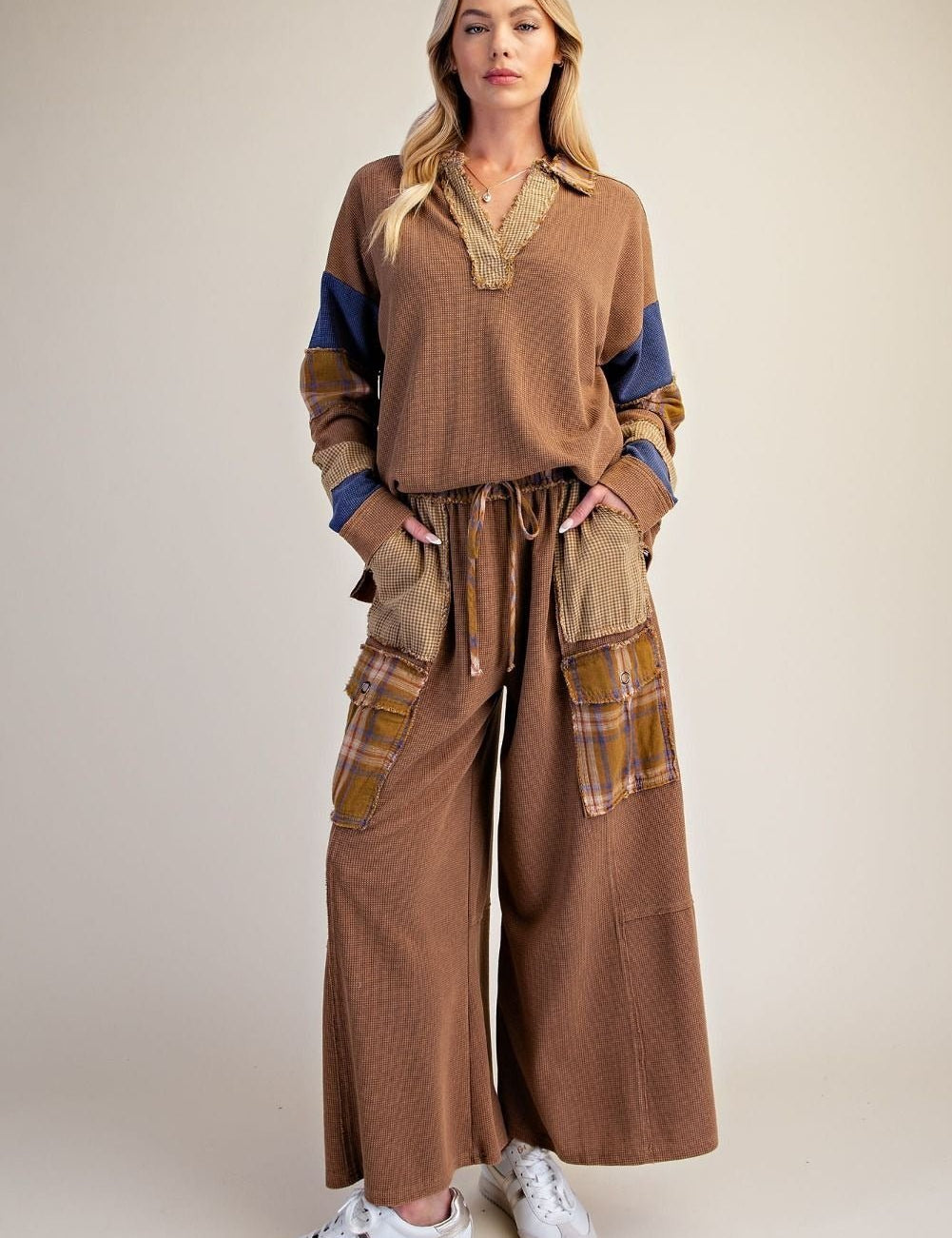 Better Together Plaid Mix Washed Thermal Knit Pants - Westly