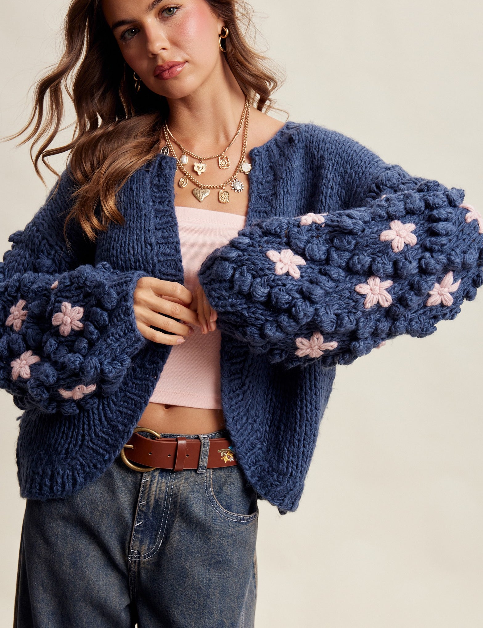 Bloom House Dimensional Floral Cardigan in Denim Blue - product photo 1