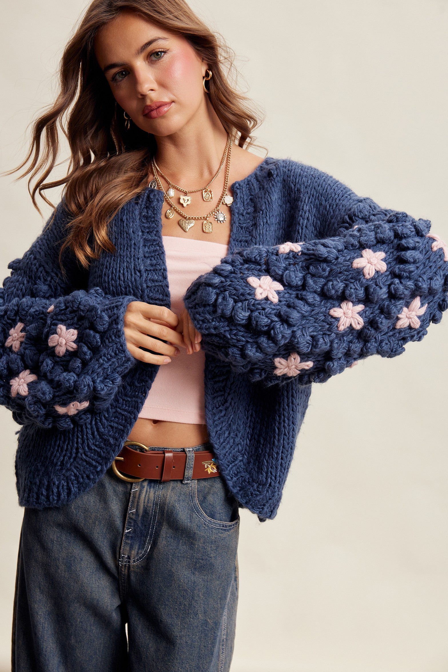 Bloom House Dimensional Floral Cardigan in Denim Blue - product photo 1