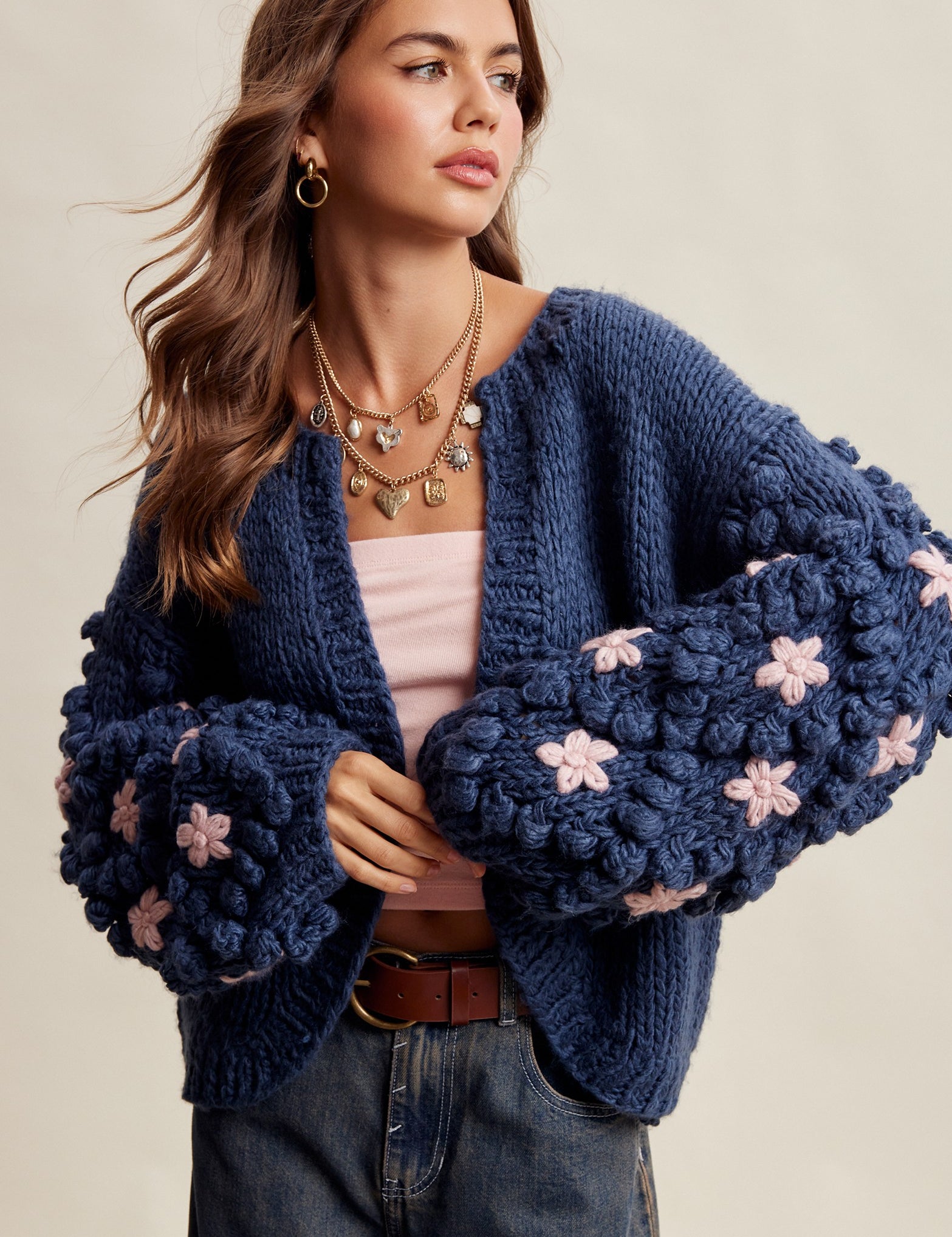 Bloom House Dimensional Floral Cardigan in Denim Blue - product photo 2