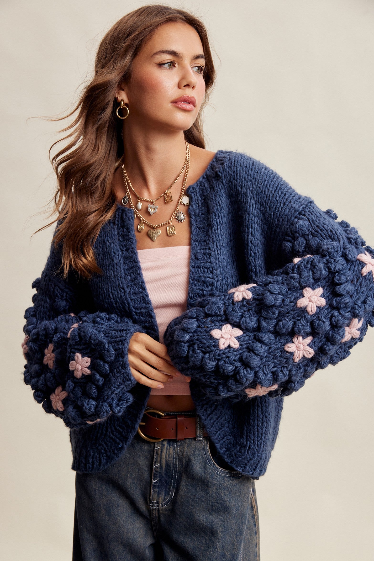Bloom House Dimensional Floral Cardigan in Denim Blue - product photo 2