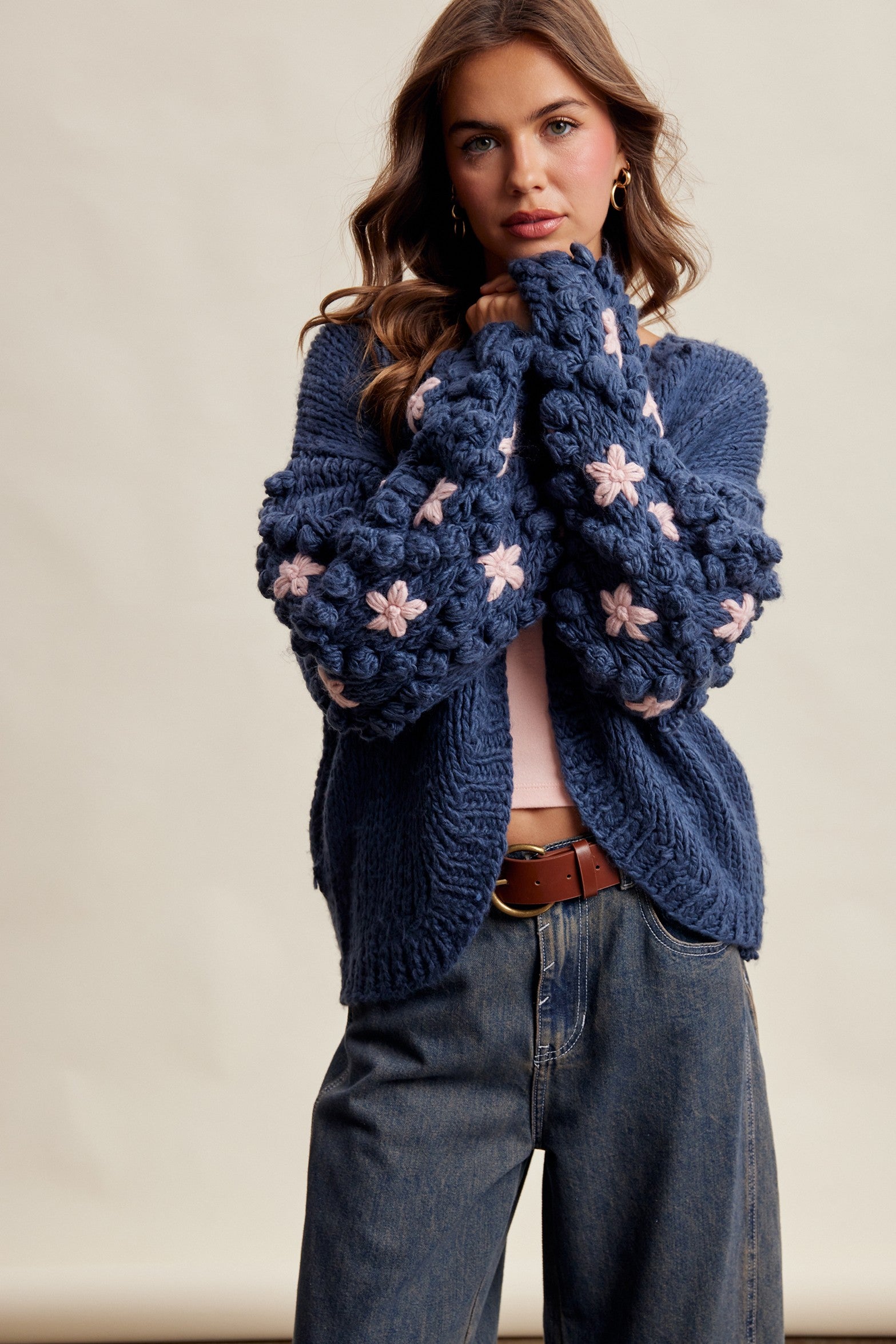 Bloom House Dimensional Floral Cardigan in Denim Blue - product photo 4