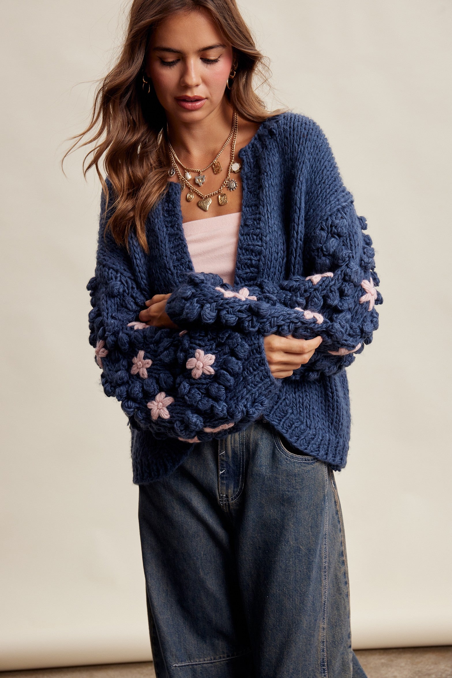 Bloom House Dimensional Floral Cardigan in Denim Blue - product photo 5