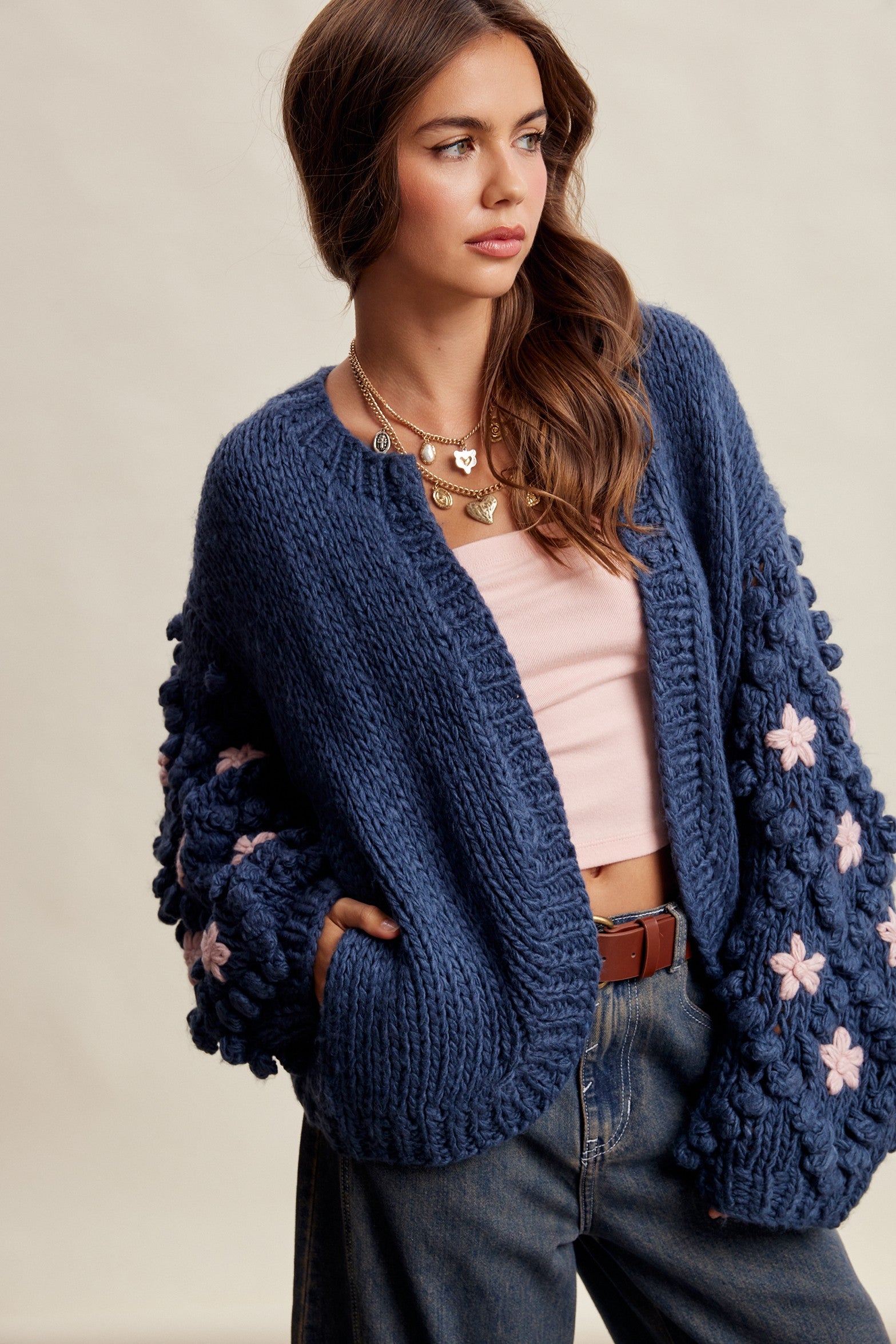 Bloom House Dimensional Floral Cardigan in Denim Blue - product photo 6