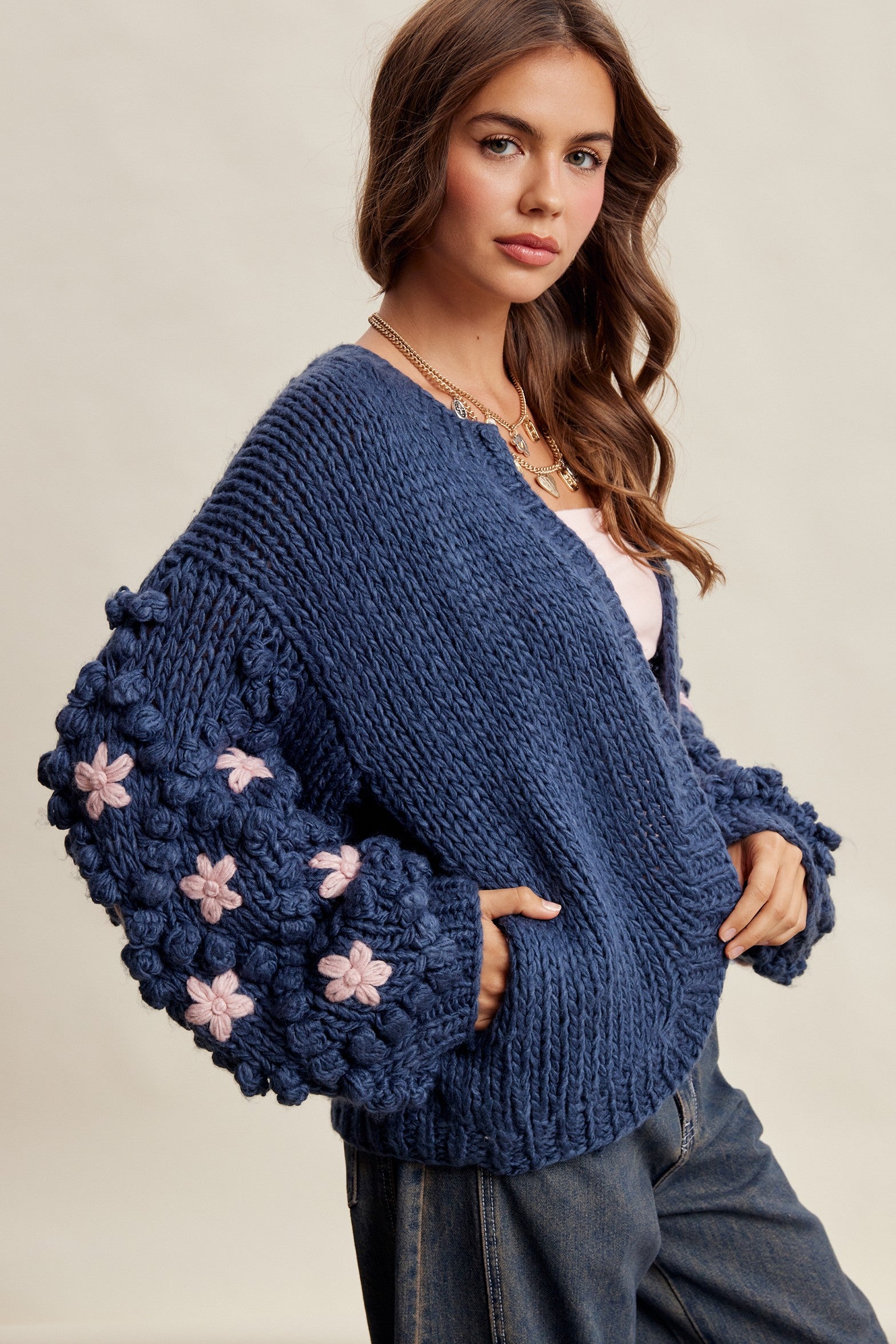 Bloom House Dimensional Floral Cardigan in Denim Blue - product photo 9