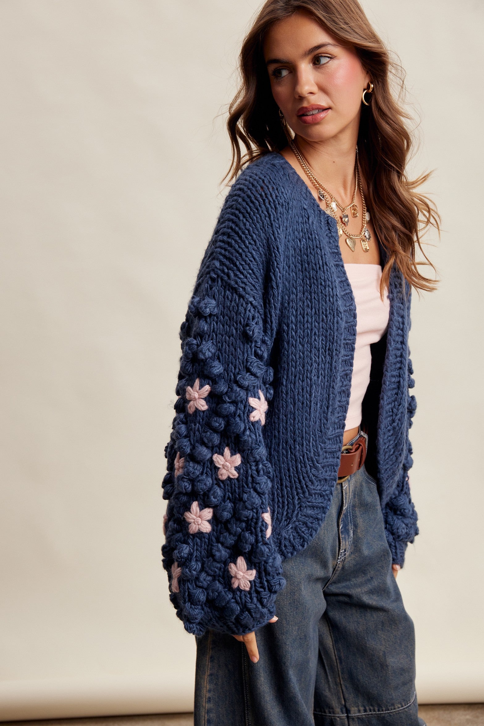 Bloom House Dimensional Floral Cardigan in Denim Blue - product photo 10