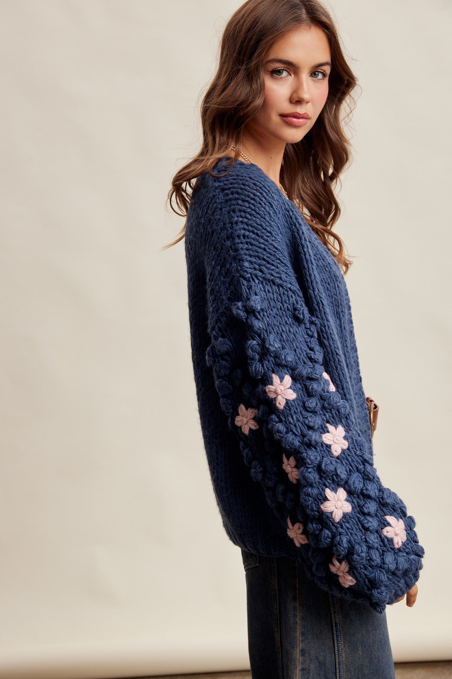 Bloom House Dimensional Floral Cardigan in Denim Blue - product photo 11