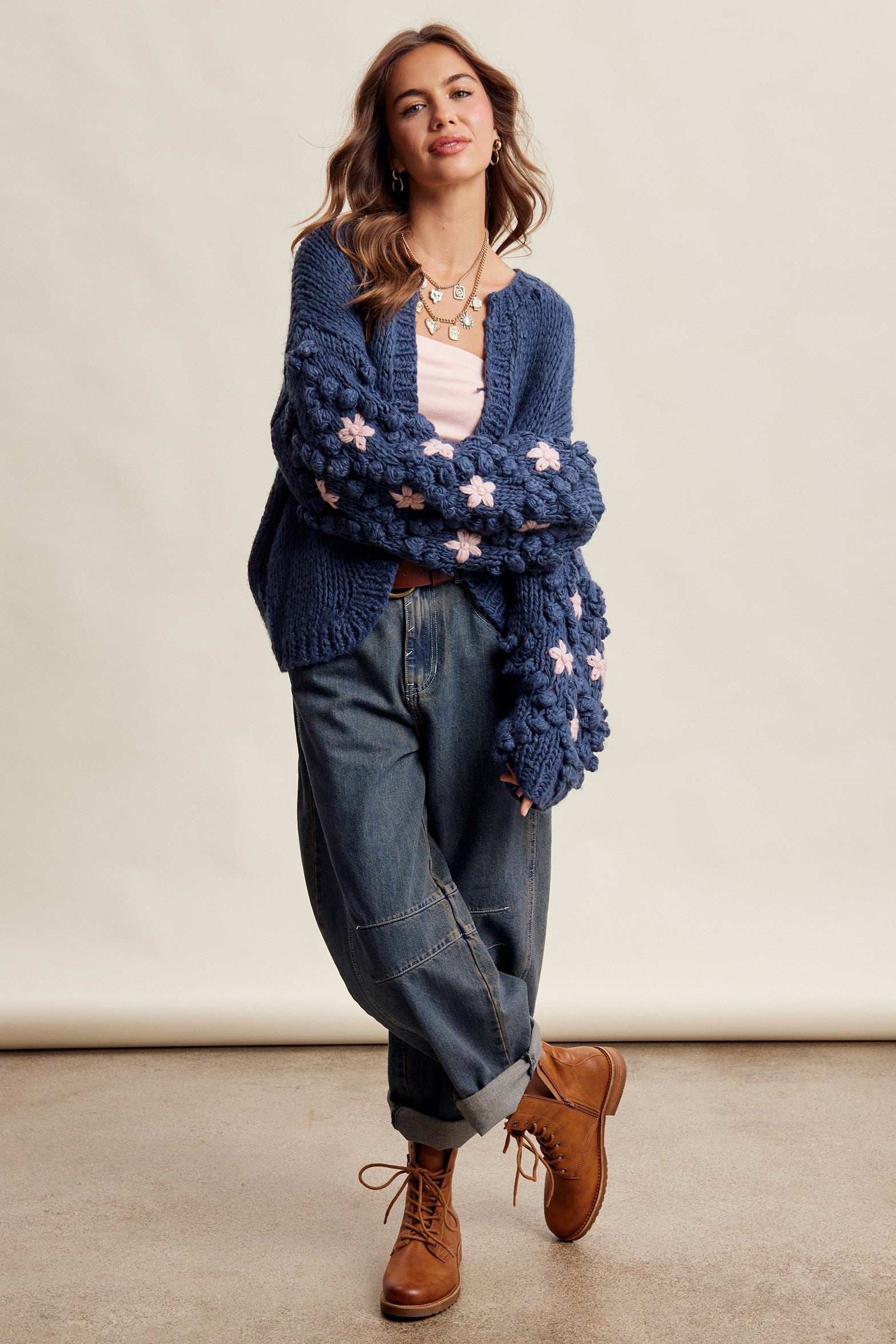 Bloom House Dimensional Floral Cardigan in Denim Blue - product photo 15