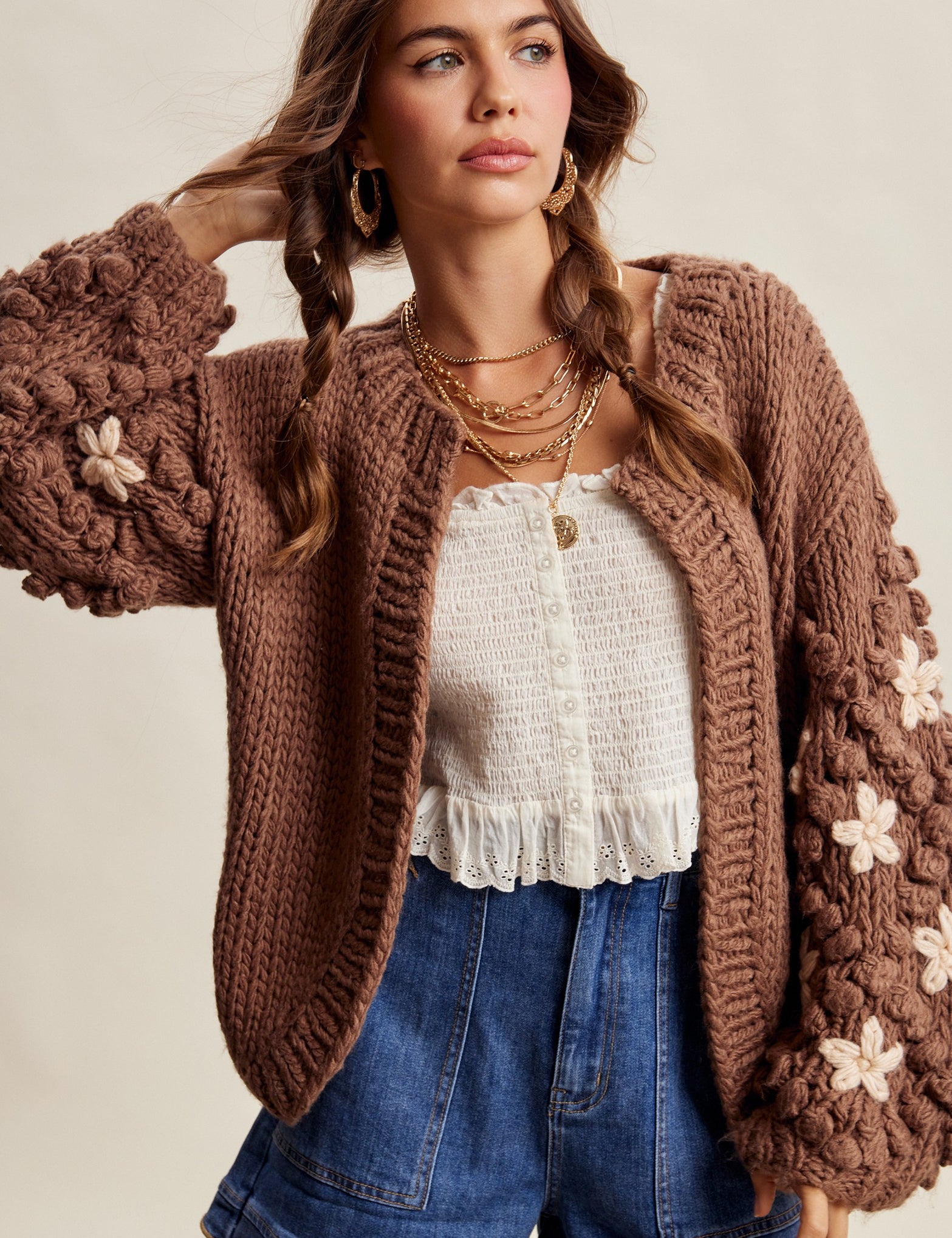 Bloom House Dimensional Floral Cardigan in Mocha - product photo 1