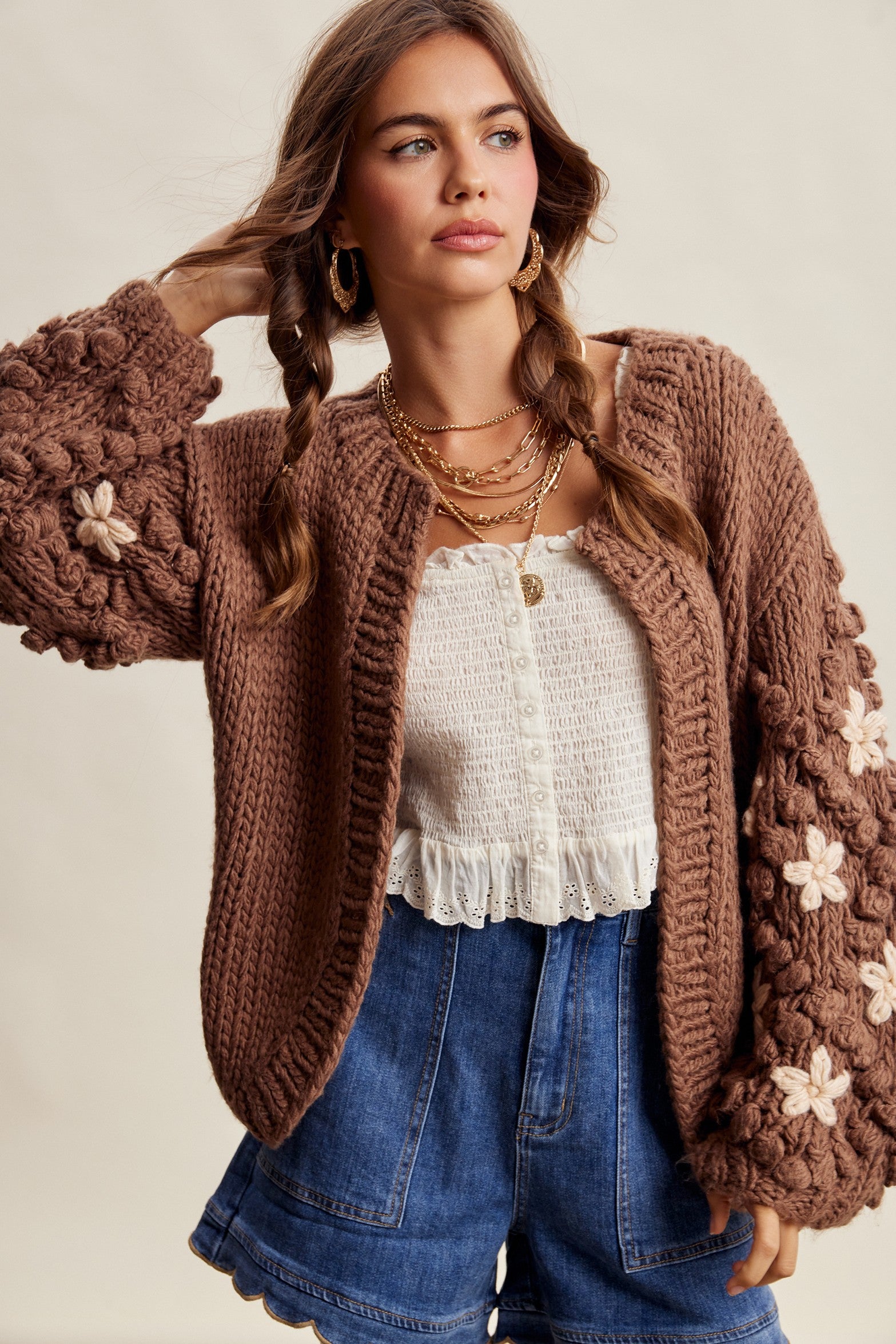 Bloom House Dimensional Floral Cardigan in Mocha - product photo 1