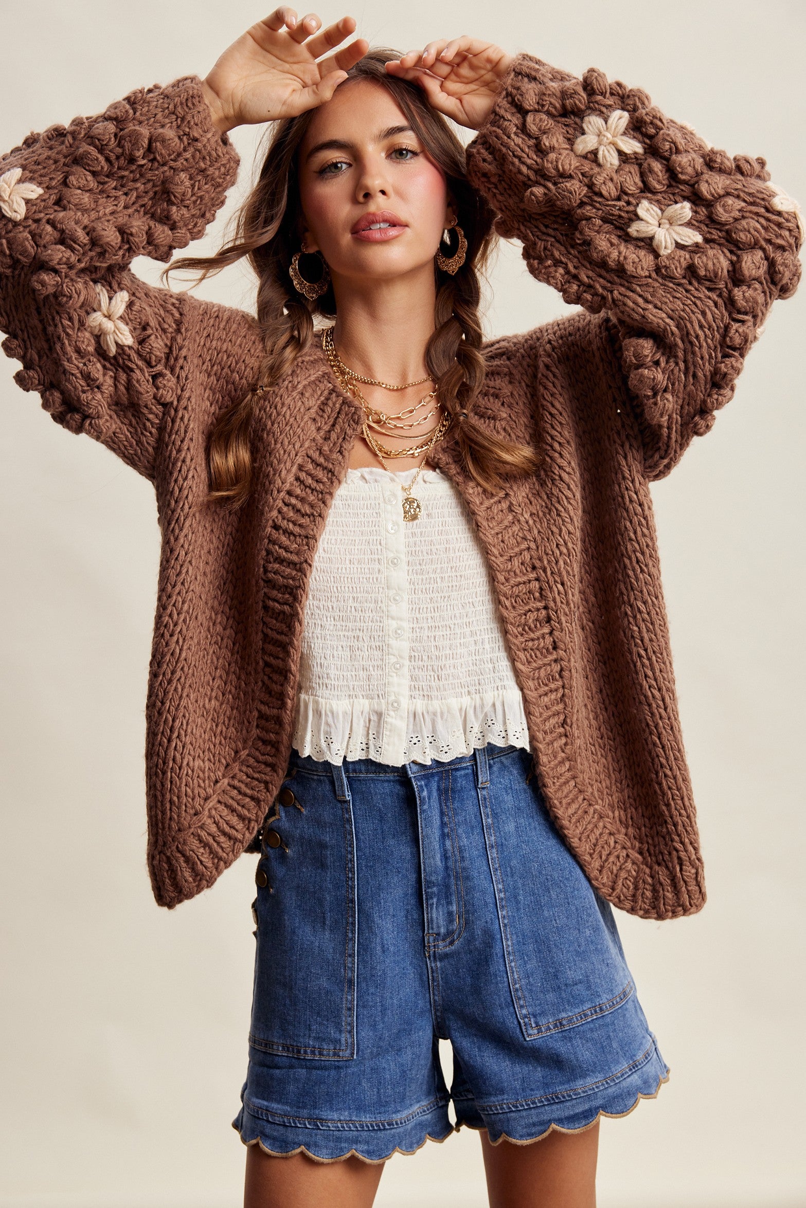 Bloom House Dimensional Floral Cardigan in Mocha - product photo 3