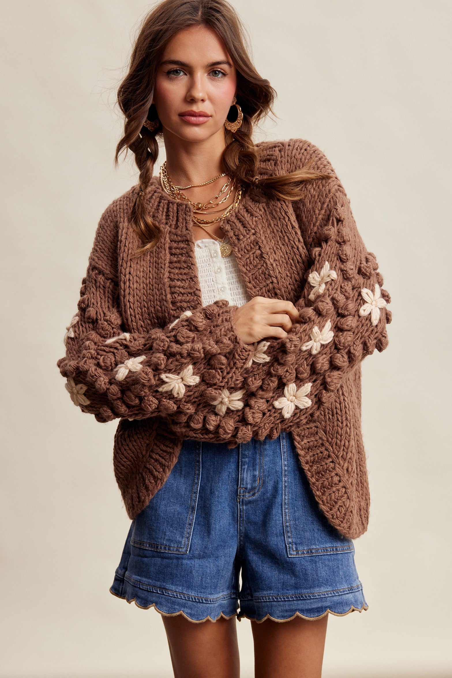 Bloom House Dimensional Floral Cardigan in Mocha - product photo 4