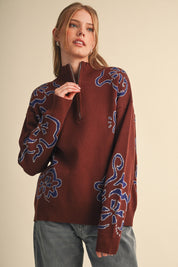 Bloomhaven Floral Half Zip Sweater - Brown Blue