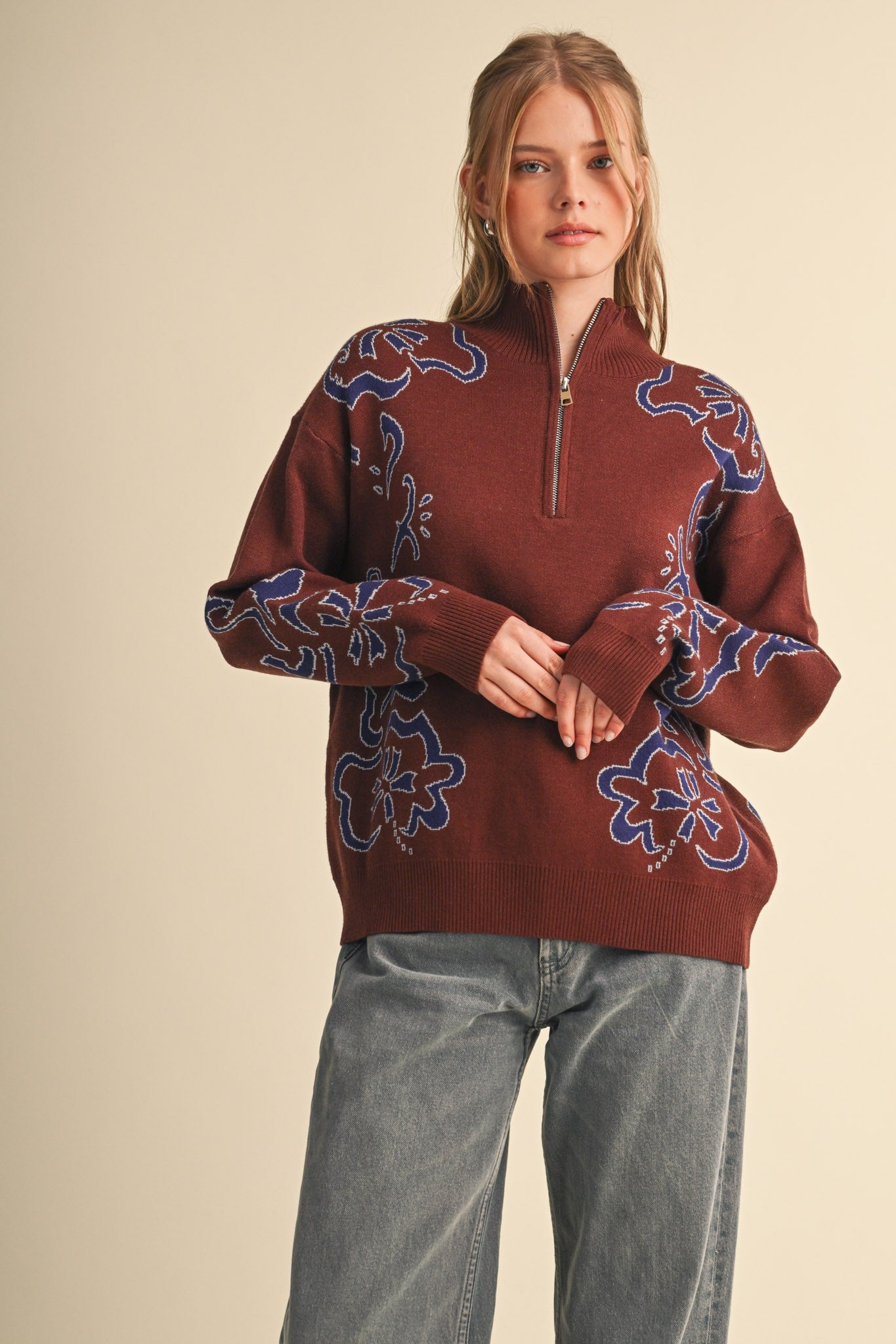 Bloomhaven Floral Half Zip Sweater - Brown Blue