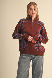 Bloomhaven Floral Half Zip Sweater - Brown Blue