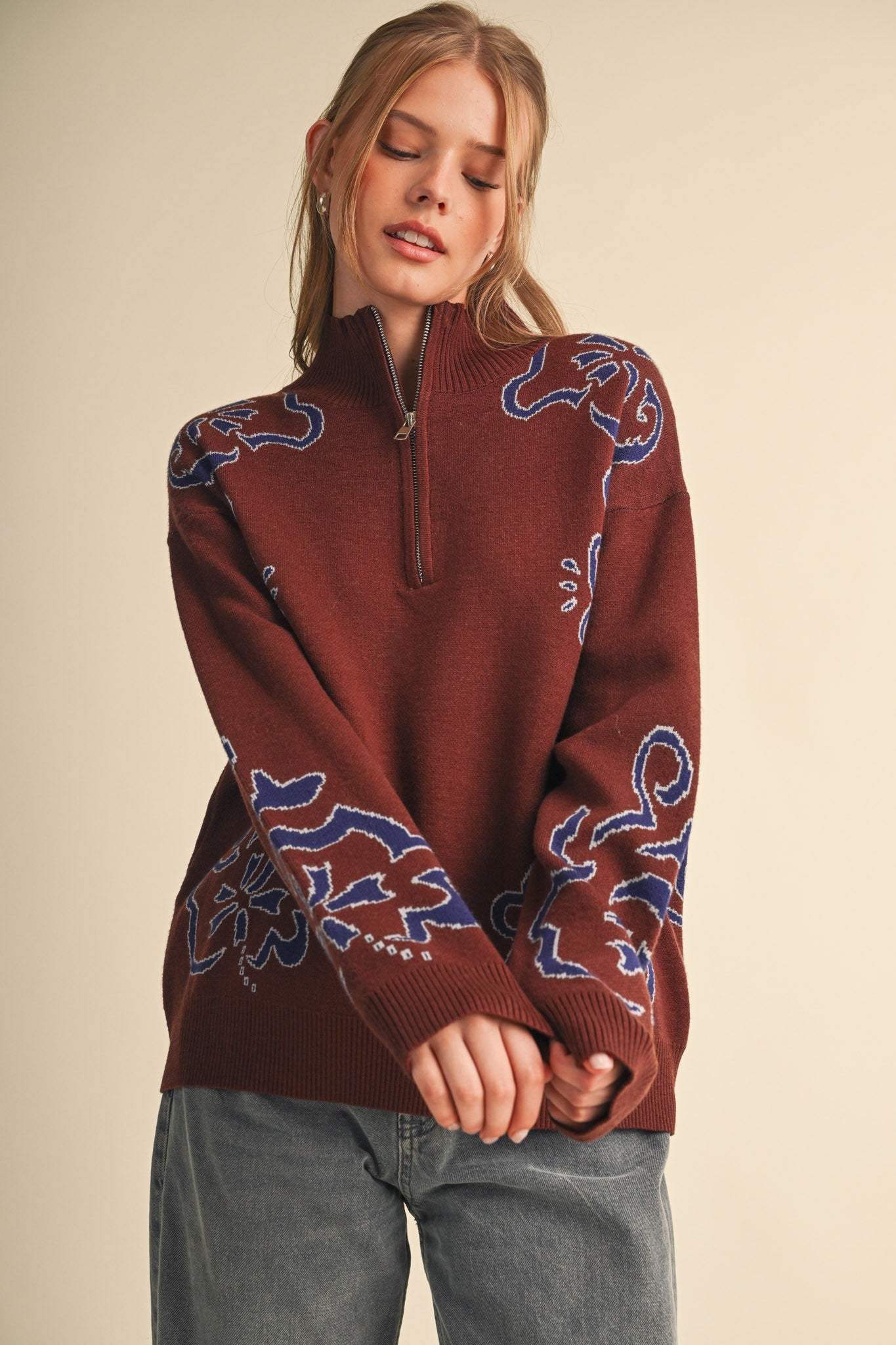 Bloomhaven Floral Half Zip Sweater - Brown Blue