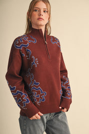 Bloomhaven Floral Half Zip Sweater - Brown Blue