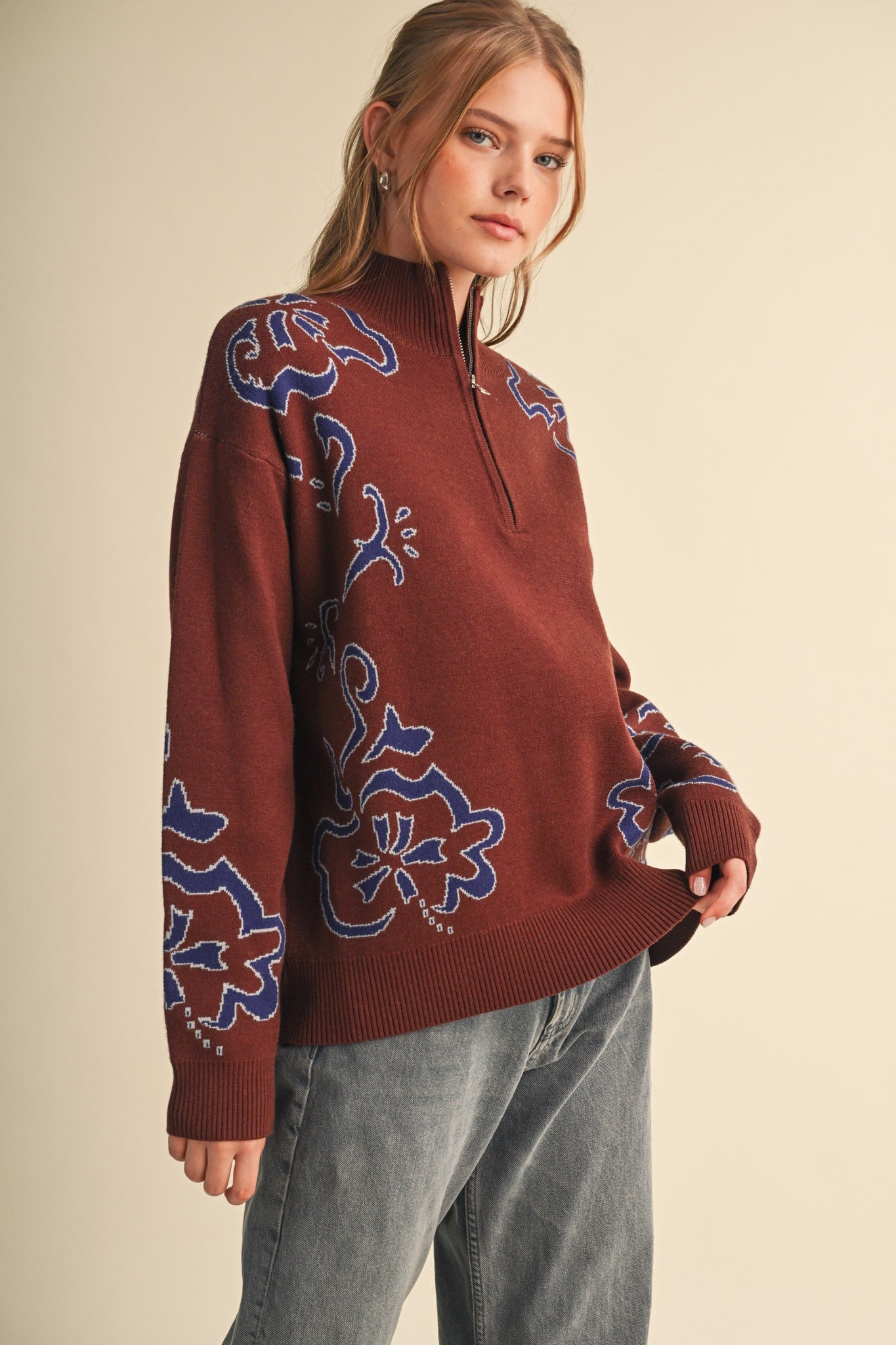 Bloomhaven Floral Half Zip Sweater - Brown Blue