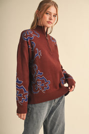 Bloomhaven Floral Half Zip Sweater - Brown Blue