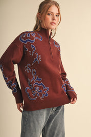 Bloomhaven Floral Half Zip Sweater - Brown Blue