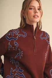 Bloomhaven Floral Half Zip Sweater - Brown Blue