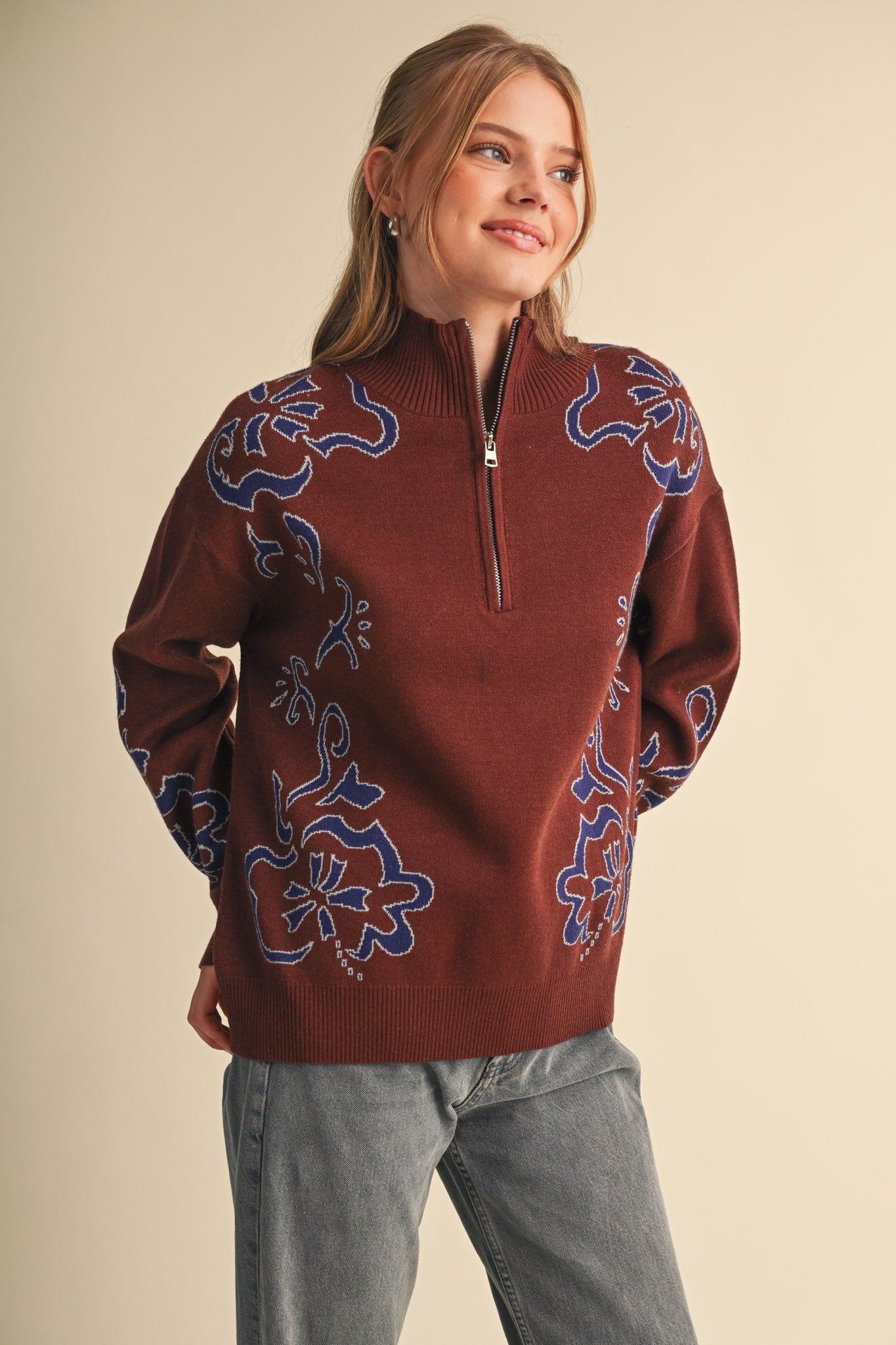 Bloomhaven Floral Half Zip Sweater - Brown Blue