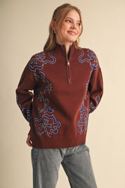 Bloomhaven Floral Half Zip Sweater - Brown Blue