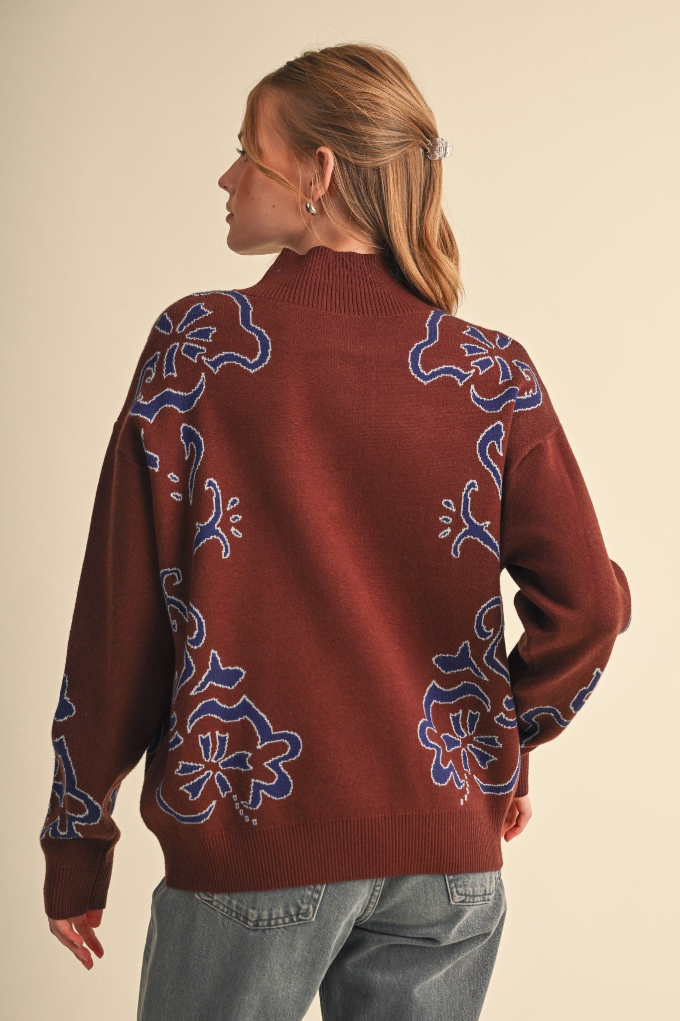 Bloomhaven Floral Half Zip Sweater - Brown Blue