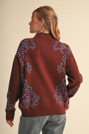 Bloomhaven Floral Half Zip Sweater - Brown Blue
