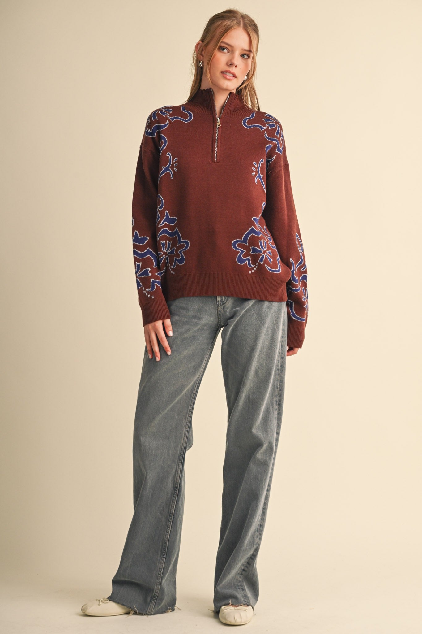 Bloomhaven Floral Half Zip Sweater - Brown Blue