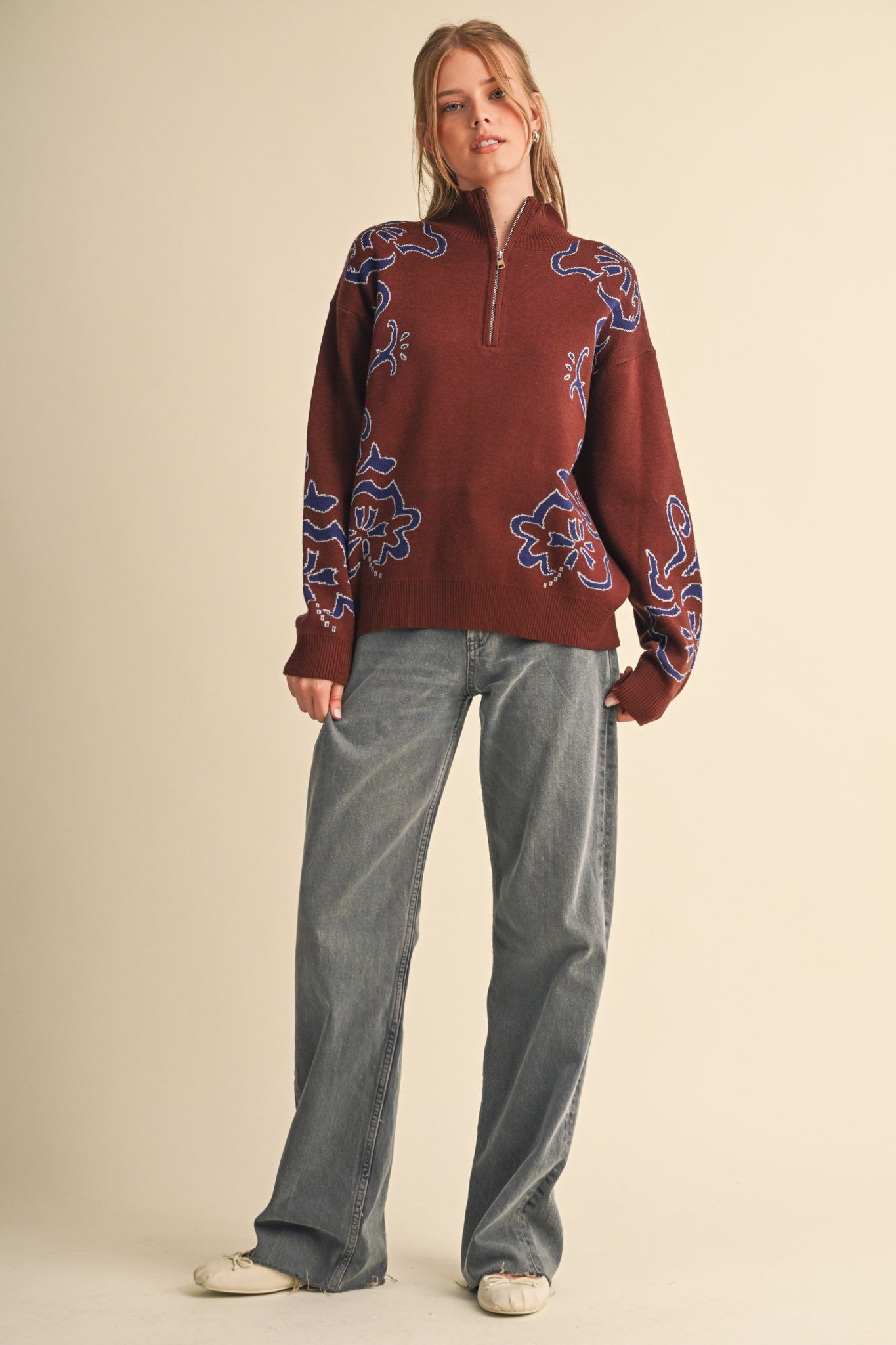 Bloomhaven Floral Half Zip Sweater - Brown Blue